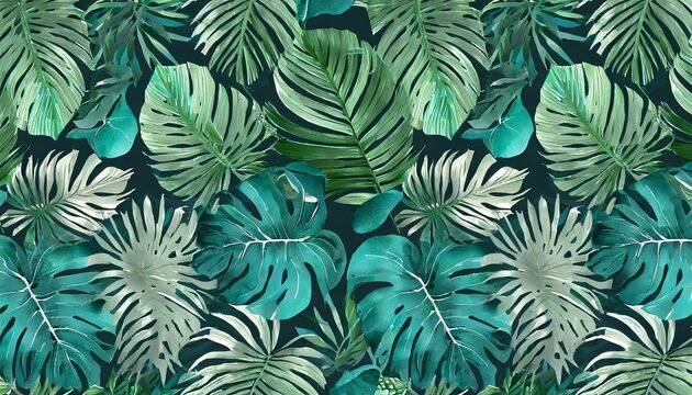 exotic botanical seamless pattern tropical background with palm leaves monstera dark background in green emerald turquoise colors design for wallpaper wrapping paper fabric vintage illustration