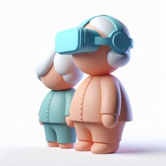 Obraz na płótnie Canvas Cute Cartoon Grandma and Grandpa in Virtual Reality Glasses. 3D Cartoon Clay Illustration on a light background.