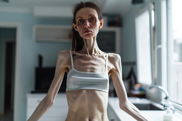 Woman with an eating disorder, anorexia nervosa,  in kitchen  - obrazy, fototapety, plakaty