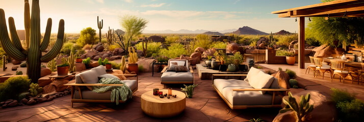 desert inspired outdoor lounge, featuring earthy tones, cacti arrangements, and rustic wooden furniture. Generative AI - obrazy, fototapety, plakaty