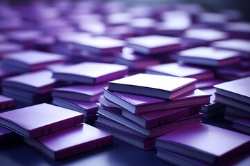 Artistic shot of neatly arranged school notepads with a gradient purple surface