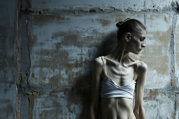 Woman with an eating disorder, anorexia nervosa, against a distressed wall - obrazy, fototapety, plakaty
