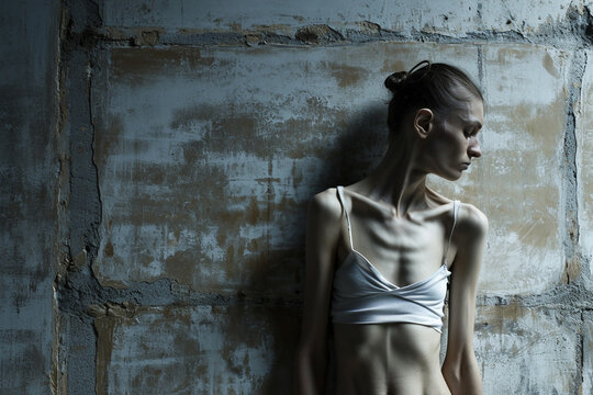 Woman with an eating disorder, anorexia nervosa, against a distressed wall