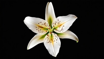 one big white lily flower with green stamens on black background isolated close up top view single beautiful blooming lilly flower macro floral pattern decorative design element elegant art decor