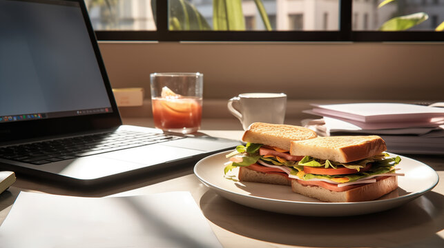 Sandwich from fresh toast with ham, cheese, salad and tomatoes on work place beside to notebook and business documents oposite window	