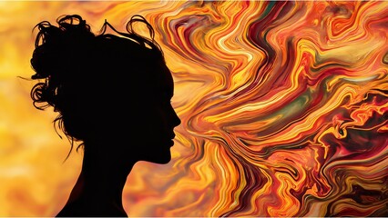 A woman's profile silhouette against a vibrant psychedelic pattern background.
