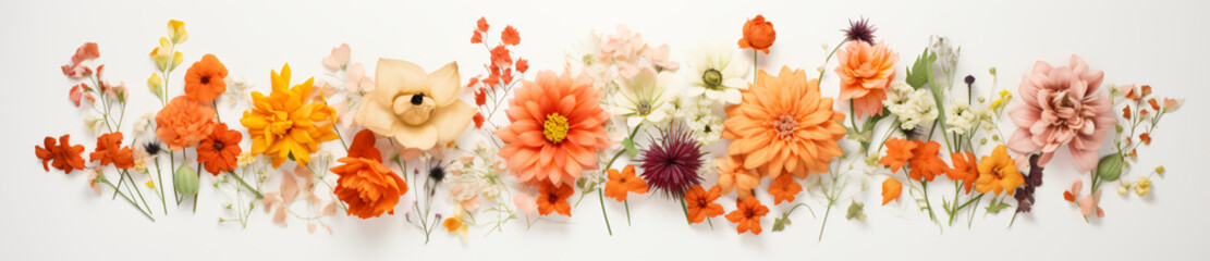 An arrangement of colorful flowers, some of them falling down, in the style of panoramic scale, minimalist purity, decorative borders, focus stacking, dansaekhwa, light orange and white, white backgro - obrazy, fototapety, plakaty