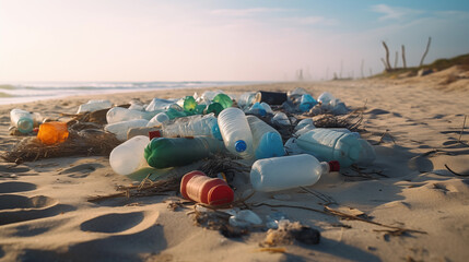 Old empty plastic bottles on beach. Environmental pollution. Ecological problem of garbage. 