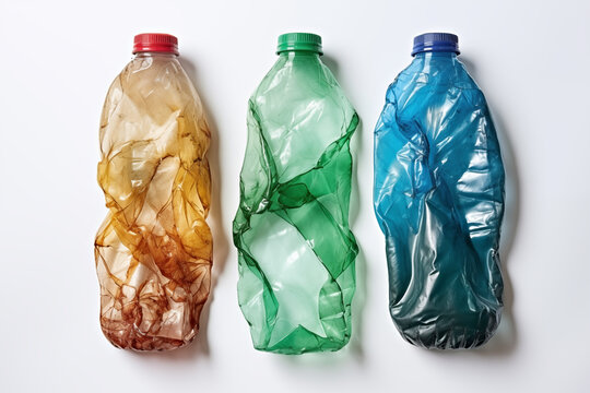 Old empty plastic bottles on white background. Environmental pollution. Ecological problem of garbage. 