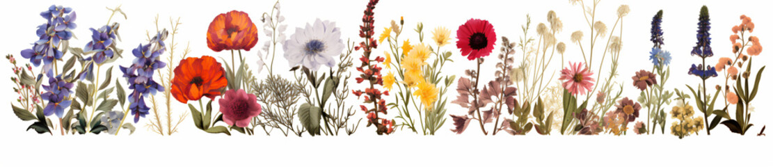 A line of different colored flowers, in the style of white background, nature morte

