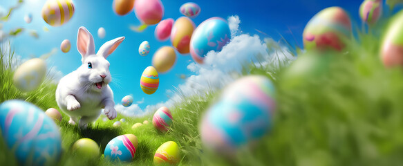 Fototapeta na wymiar White bunny runs after Easter eggs flying in the blue sky of a meadow. Colored and decorated Easter eggs. Card, banner - Commercial events. Copy-space