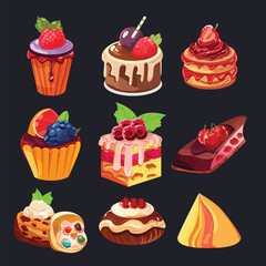 Cartoon Color Different Cakes Sweets Desserts Icon Set Concept Flat Design Style. Vector illustration of Cute Cupcake with Topping and Piece Cake
