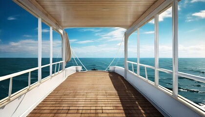 open view of a boat deck and the ocean in the style of photorealistic landscapes streamline elegance