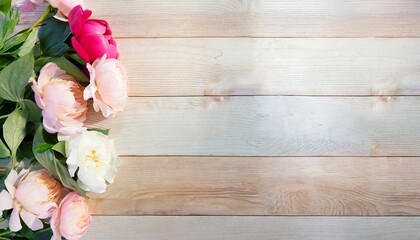 flowers peonies and roses soft pastel color on wooden background beautiful composition valentine s...