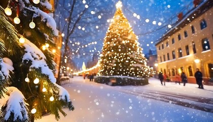 city street christmas winter blurred background xmas tree with snow decorated with garland lights holiday festive background widescreen backdrop new year winter
