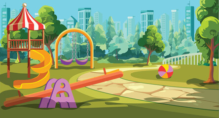 Cartoon Color Playground Kids in Summer City Outdoor Play Ground Concept Flat Design Style. Vector illustration