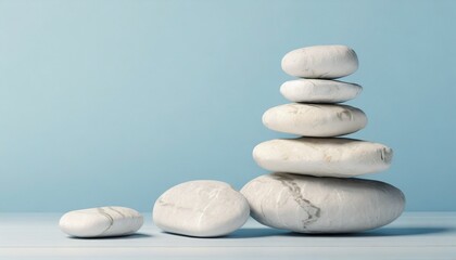 Fototapeta na wymiar white sea pebble stone stack on light blue background