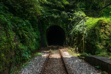 Small tunnel with rails hidden in the greeny mountain