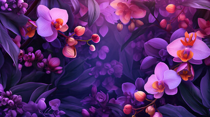 Plum Paradise: A Rich Plum Background with Blossoming Orchids and Tropical Fruits, Symbolizing Abundance