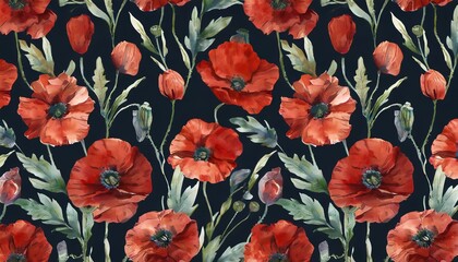 floral seamless pattern with hand drawn watercolor red poppy flowers dark vintage wallpaper luxury botanical background glamor ornament illustration design for fabric wallpaper mural blogging