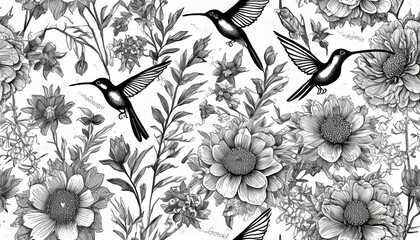 seamless vector pattern with lovely flowers and birds floral wallpaper with hummingbirds tropical background line art hand drawing bw graphics luxury design for wallpaper fabric paper