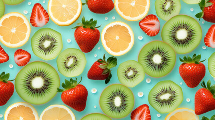A vibrant pattern of sliced kiwis, strawberries, and citrus fruits against a teal background, perfect for health and nutrition themes.