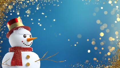 3d render curious snowman looks out the corner gold glitter confetti over the blue background christmas greeting card template with copy space seasonal holiday wallpaper blank background