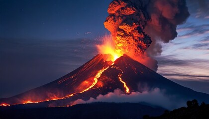 volcano eruption at night natural disaster volcano explosion lava erupts - obrazy, fototapety, plakaty
