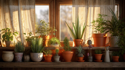 Fototapeta na wymiar A collection of indoor plants on a wooden windowsill, bathed in the warm glow of morning sunlight filtering through curtains.