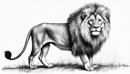 male lion with big shaggy mane illustration hand drawn pencil sketch in black isolated on white background nature clip art detailed drawing of single lion standing big cat from africa