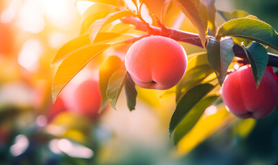 Peach tree close up, fruit orchard background with copy space