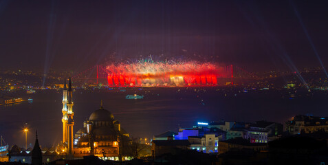 Night Istanbul view, Bosphorus Bridge (15 July Martyrs Bridge), Eminönü district sea view and new mosque