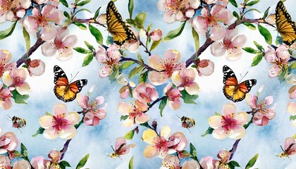 seamless pattern with peach blossom branch butterflies bees summer floral wallpaper with ripe...