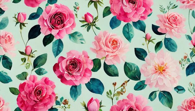 Fototapeta allover multi motif flowers ornament seamless pattern with watercolor flowers pink roses repeat floral texture vintage background hand drawing perfectly for wrapping paper wallpaper fabric print
