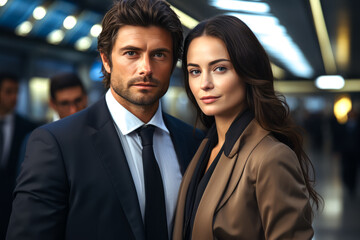 Business couple in airport or train station during the business trip
