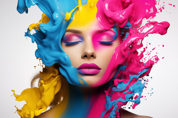 A vibrant CMYK masterpiece wallpaper or background, a woman's face brought to life through digital design, an abstract tapestry of captivating beauty in vivid hues