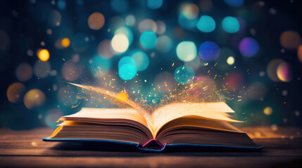 Open book on a dark background with sparkling bokeh lights, creating an atmosphere of magic and mystery. - obrazy, fototapety, plakaty
