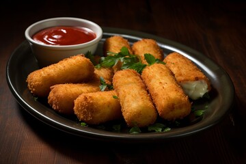 Group of breadcrumb covered mozzarella cheese sticks