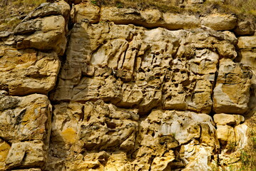 Russia, the North Caucasus. Fragments of steep cliffs with an unusual texture in the Chegem gorge.