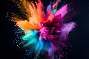 Multi color powder explosion isolated on black background. A colourful powder explosion of holi paint. Holi paint rainbow multi colored powder explosion on black background. Abstract 3d explosion wall