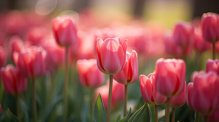 pink tulips in garden, Close up buds of pink tulips in spring - obrazy, fototapety, plakaty