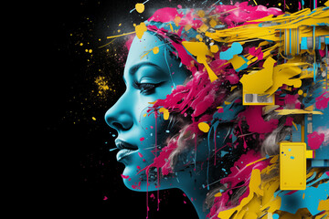 Abstract masterpiece of a woman's face emerged, brought to vivid life through the artistry of CMYK digital printing and design, showcasing beauty in a tapestry of vibrant hues and captivating forms