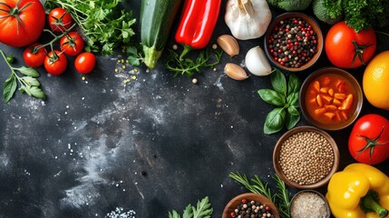 Seasonings, vegetables, fruits and foods on dark background