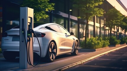 Naklejka premium Charging modern electric car on the street which are the future of the Automobile