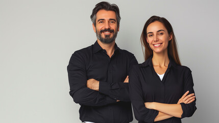 Business partners posing in front of gray background, looking at camera and smiling.
