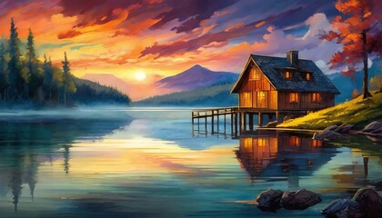 Fototapeta premium Solitary Serenity: A Tranquil Sunset Embraces a Secluded Cabin by the Lake