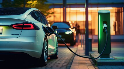 Charging modern electric car on the street which are the future of the Automobile