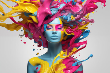 Abstract masterpiece of a woman's face emerged, brought to vivid life through the artistry of CMYK digital printing and design, showcasing beauty in a tapestry of vibrant hues and captivating forms
