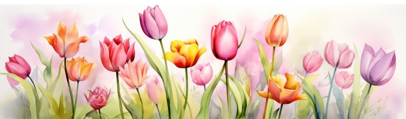 Fototapeta premium Tulips flowers. Watercolor illustration banner on white background