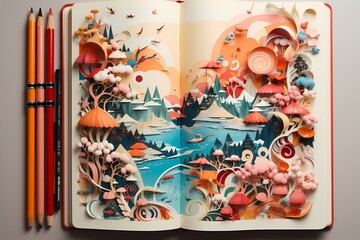 A composition of various colored markers forming a visually appealing border around an open sketchbook, on a peach-colored backdrop